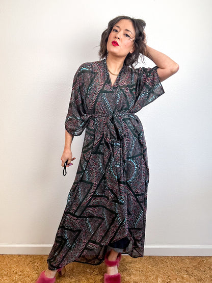Print High Low Kimono Black Magenta Geo Chiffon