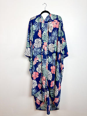 Print High Low Kimono Navy Tropical Georgette