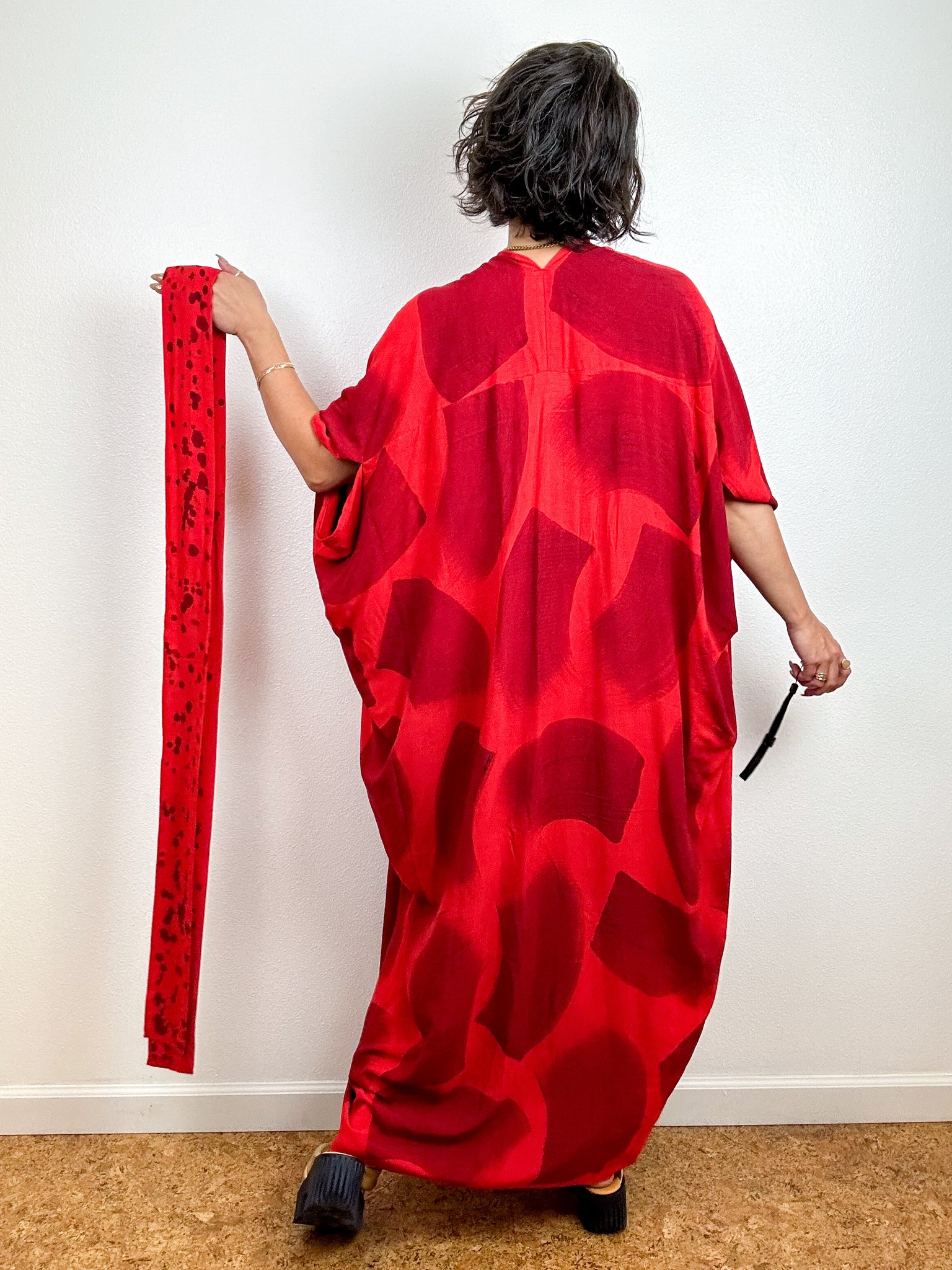 Hand-Dyed High Low Kimono Red Maroon Brush