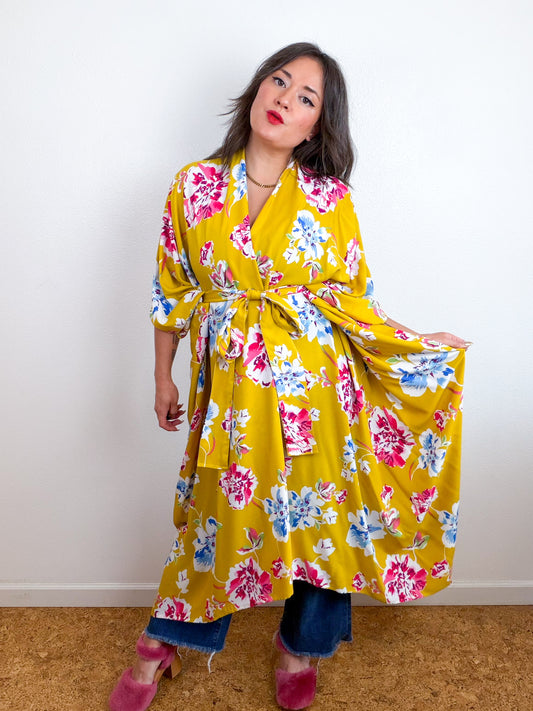 Print High Low Kimono Mustard Floral Challis