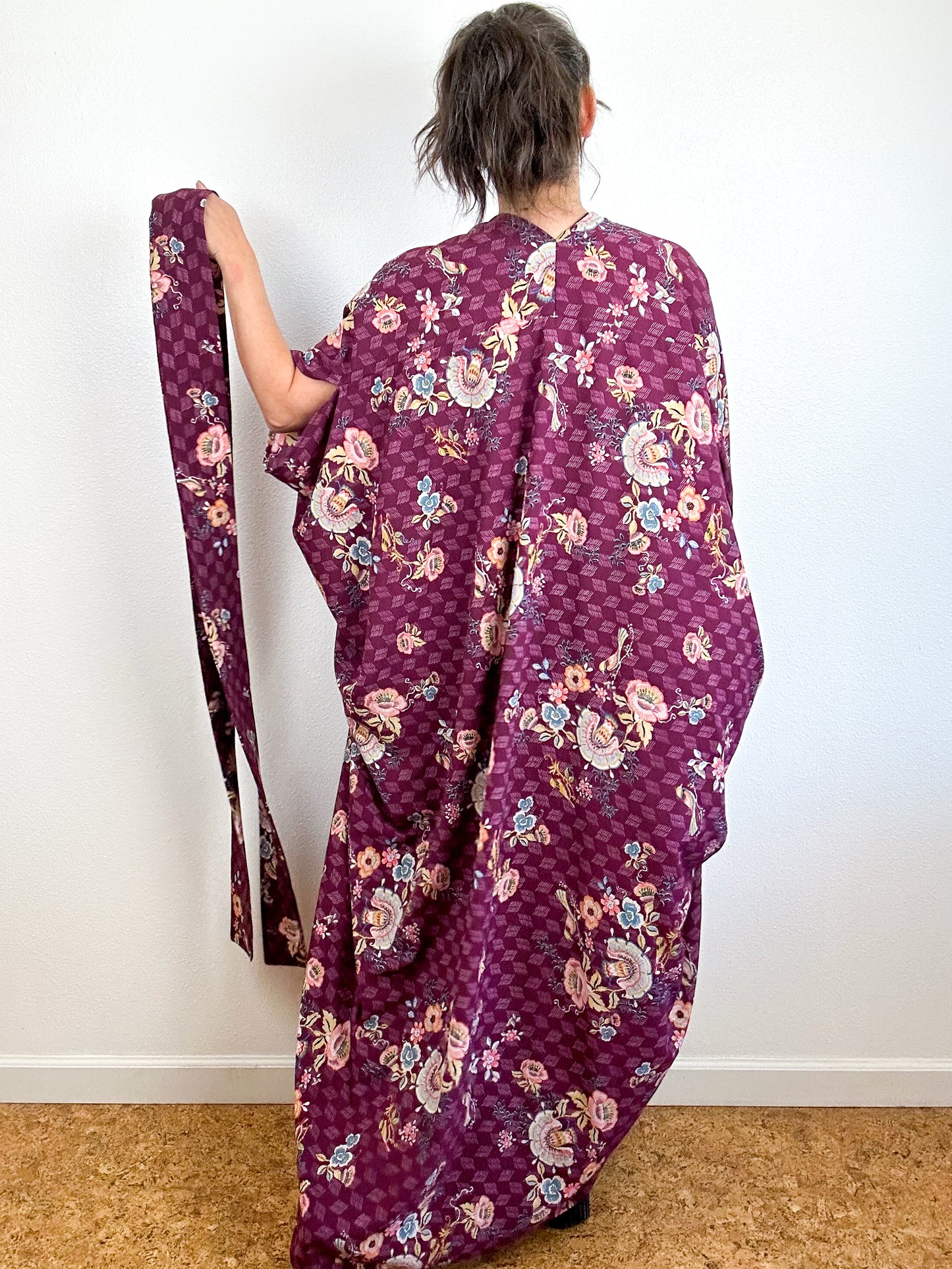 Print High Low Kimono Maroon Paisley Bubble Crepe