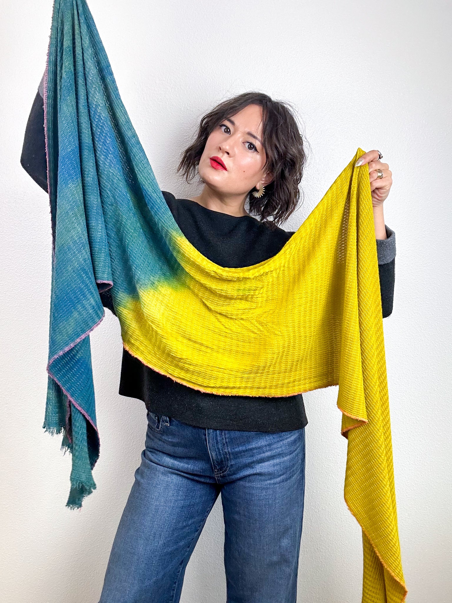 Hand-Dyed Two Tone Knit Scarf Teal Goldenrod