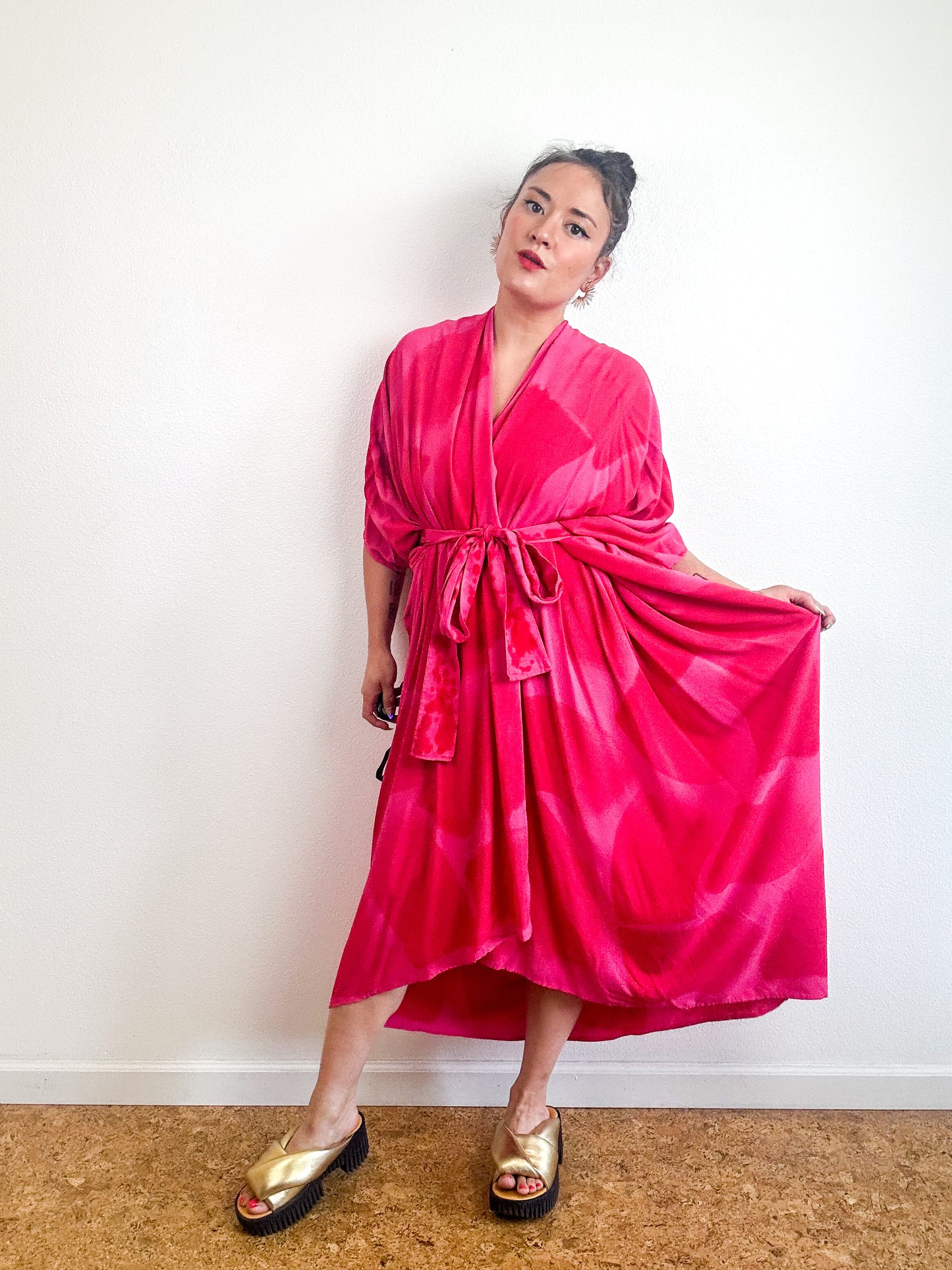 Hand-Dyed High Low Kimono Fuchsia Scarlet Brush