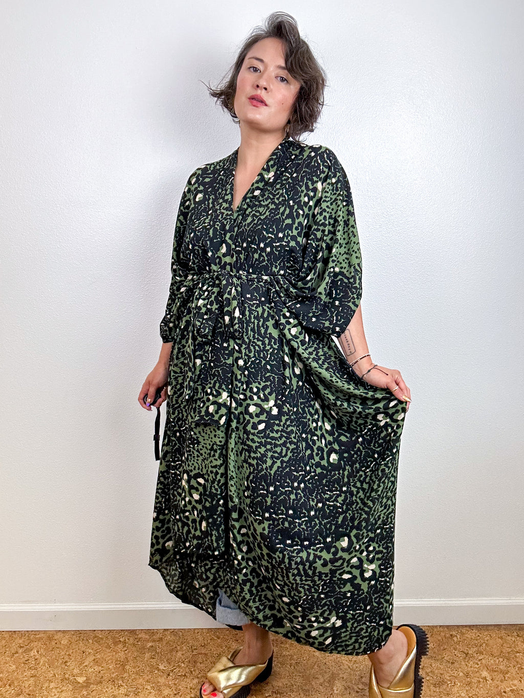 High Low Kimono Olive Leopard Bubble Crepe