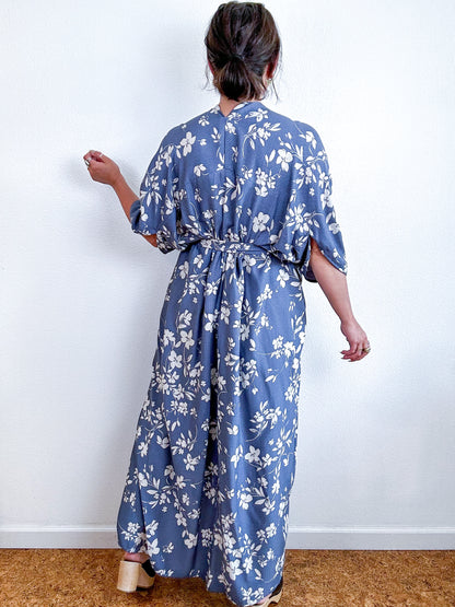 Print High Low Kimono Blue Floral Jacquard Challis