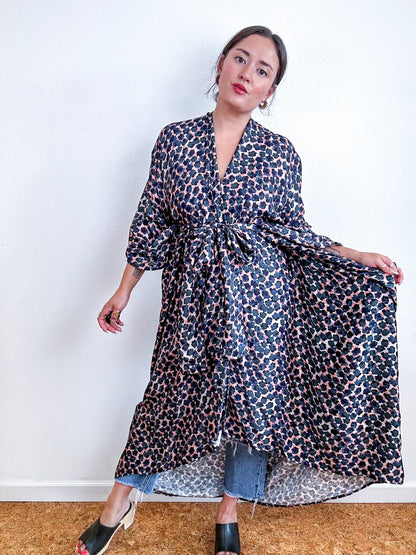 Print High Low Kimono Black Grey Peach Flowers Challis