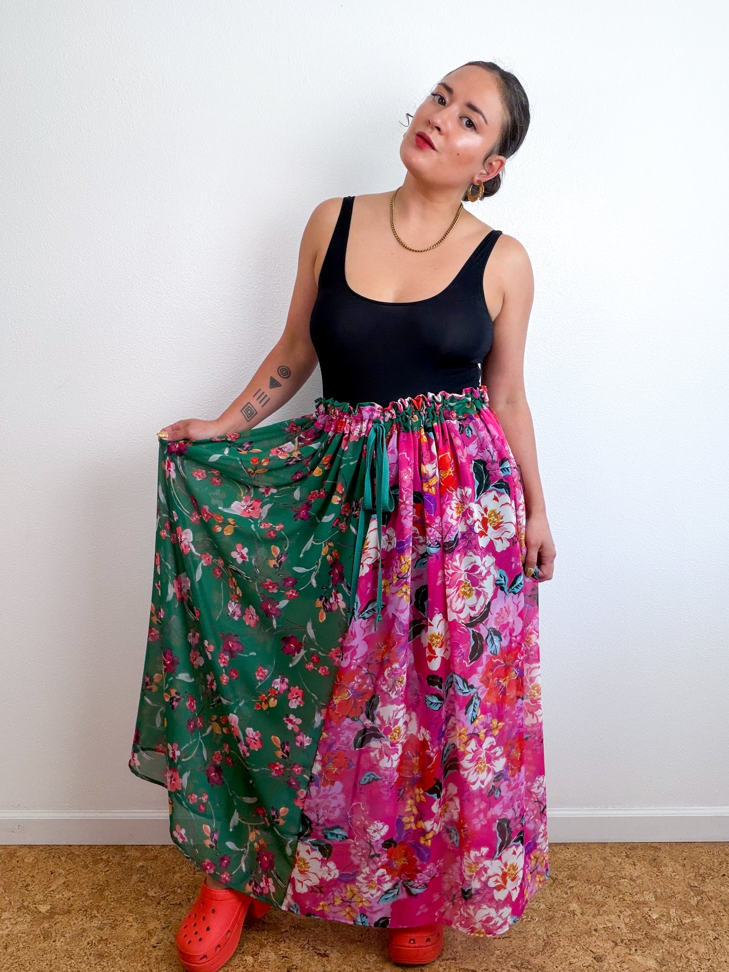 THE SKIRT Pink Green Floral Reversible Chiffon