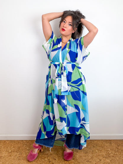 Print High Low Kimono Turquoise Green Large Leaves Chiffon