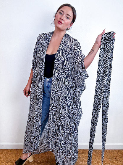 Print High Low Kimono Black White Wavy Checker Chiffon