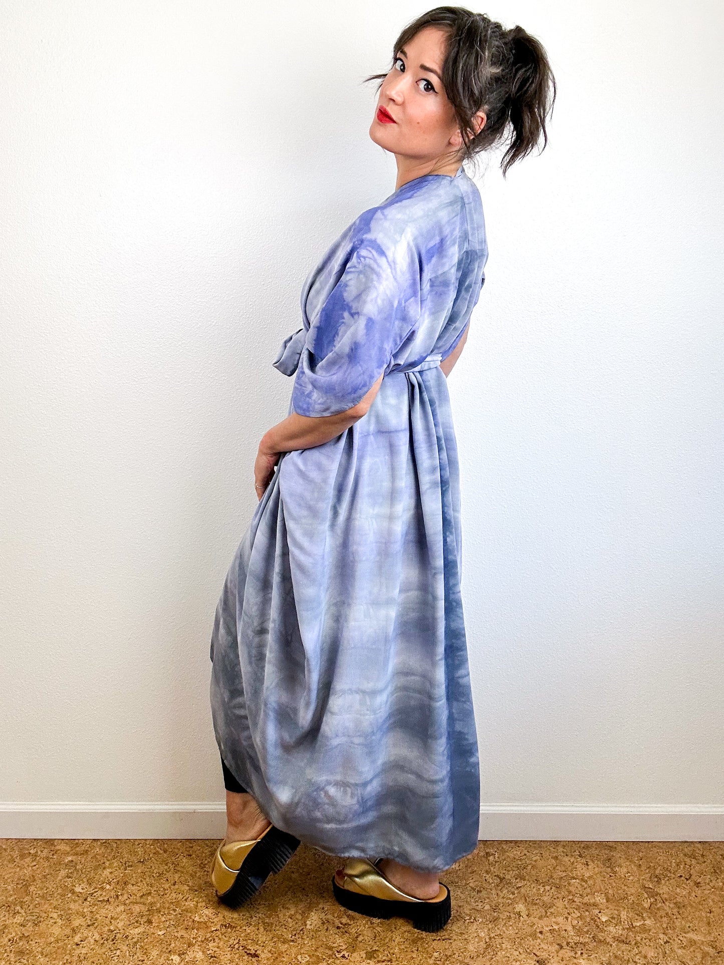 Hand-Dyed High Low Kimono Wisteria Grey Watercolor