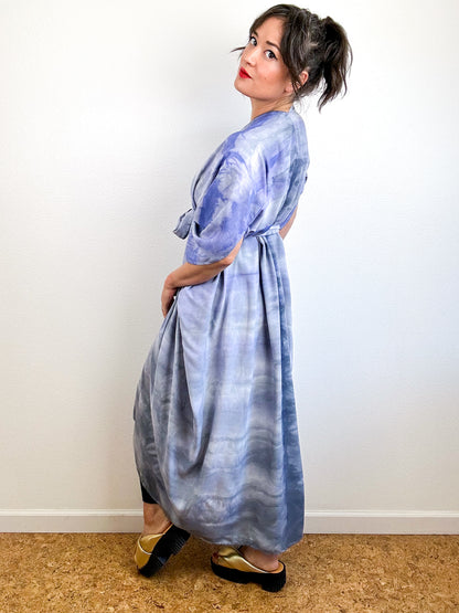 Hand-Dyed High Low Kimono Wisteria Grey Watercolor