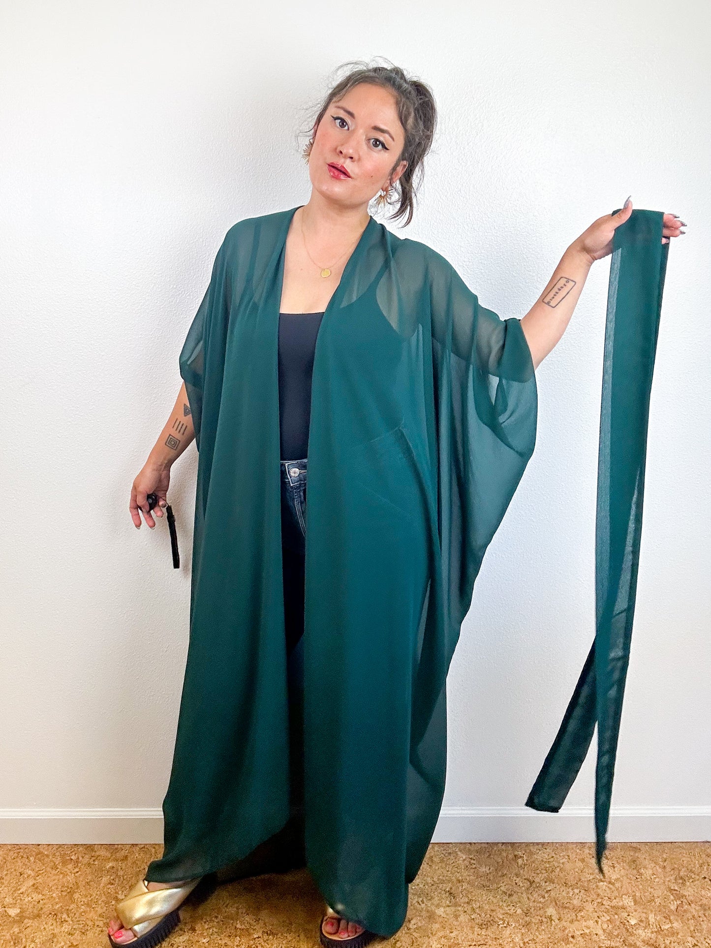 Solid High Low Kimono Hunter Green Chiffon