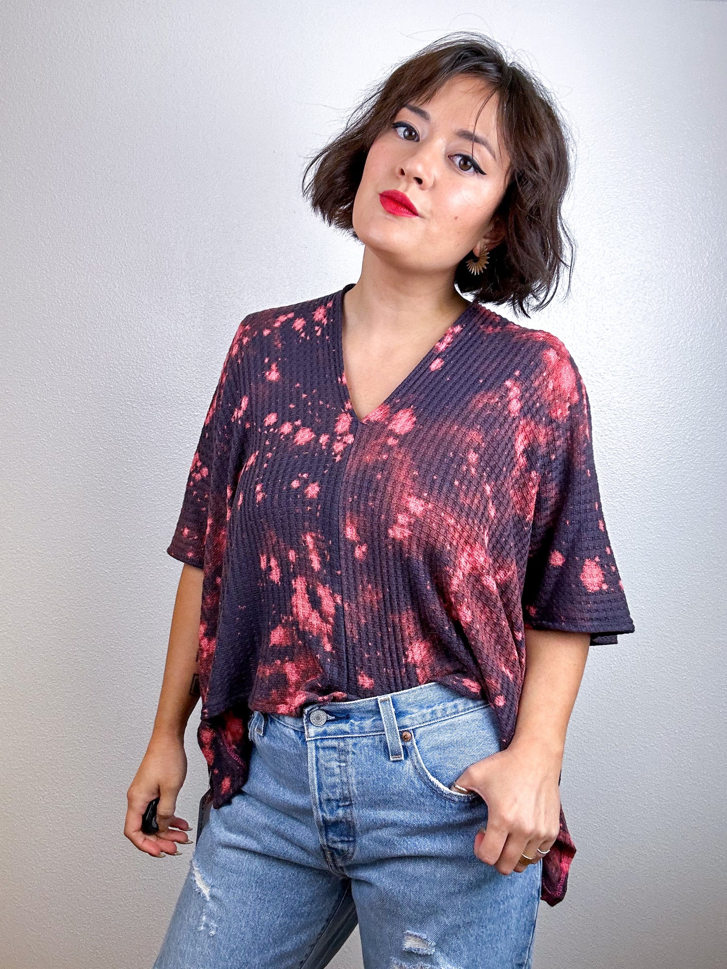 Crop V Sweater Navy Peach Speckle