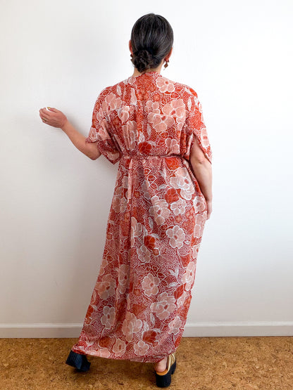 Print High Low Kimono Rust Floral Chiffon