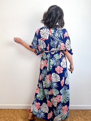 Print High Low Kimono Navy Tropical Georgette