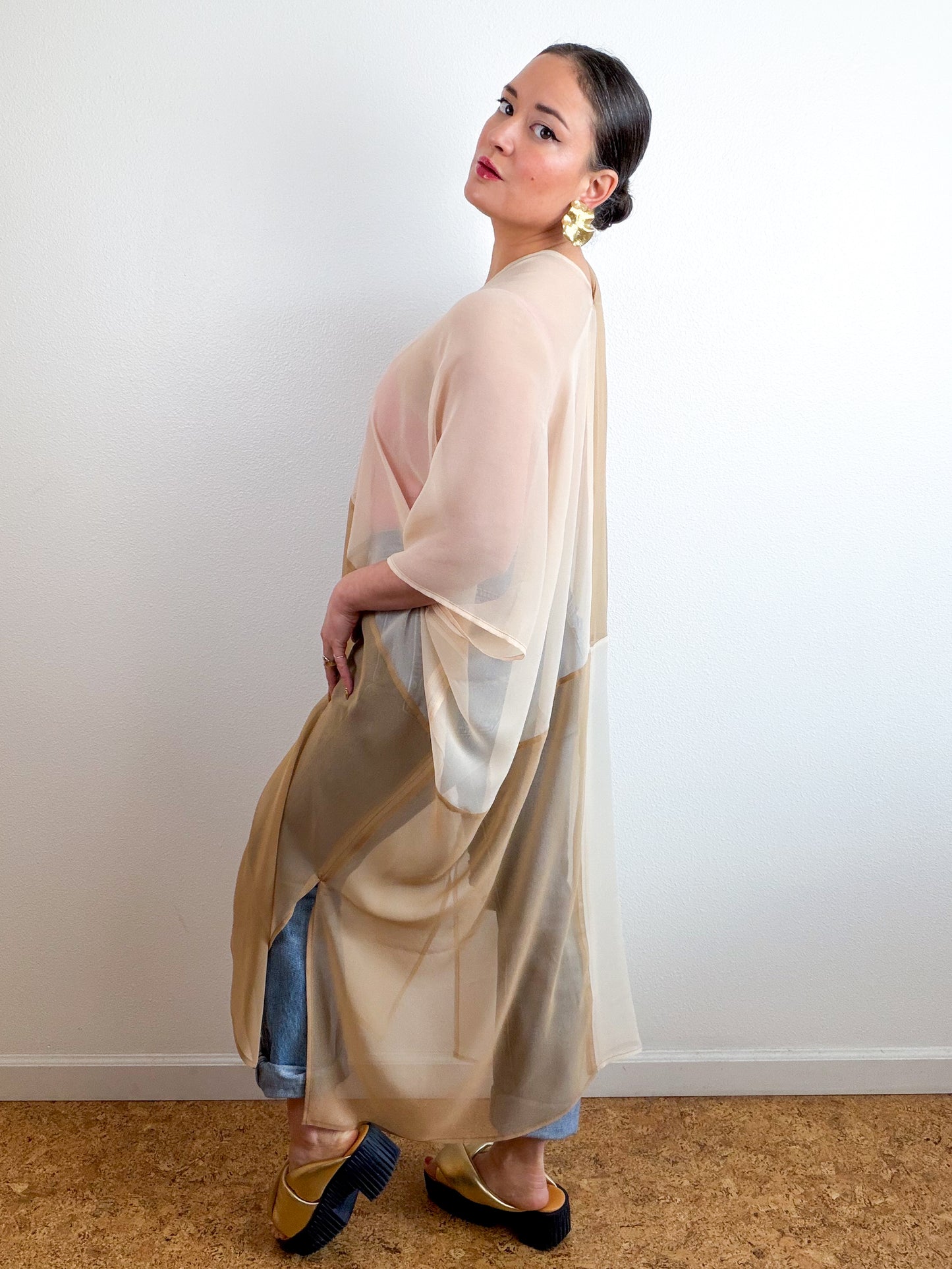 SILK Color Block Midi Caftan Dress Ivory Fawn