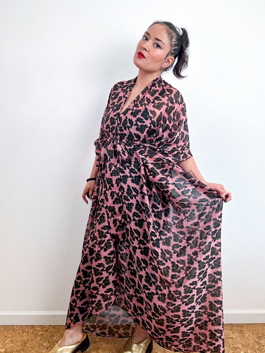 Print High Low Kimono Pink Leopard Chiffon