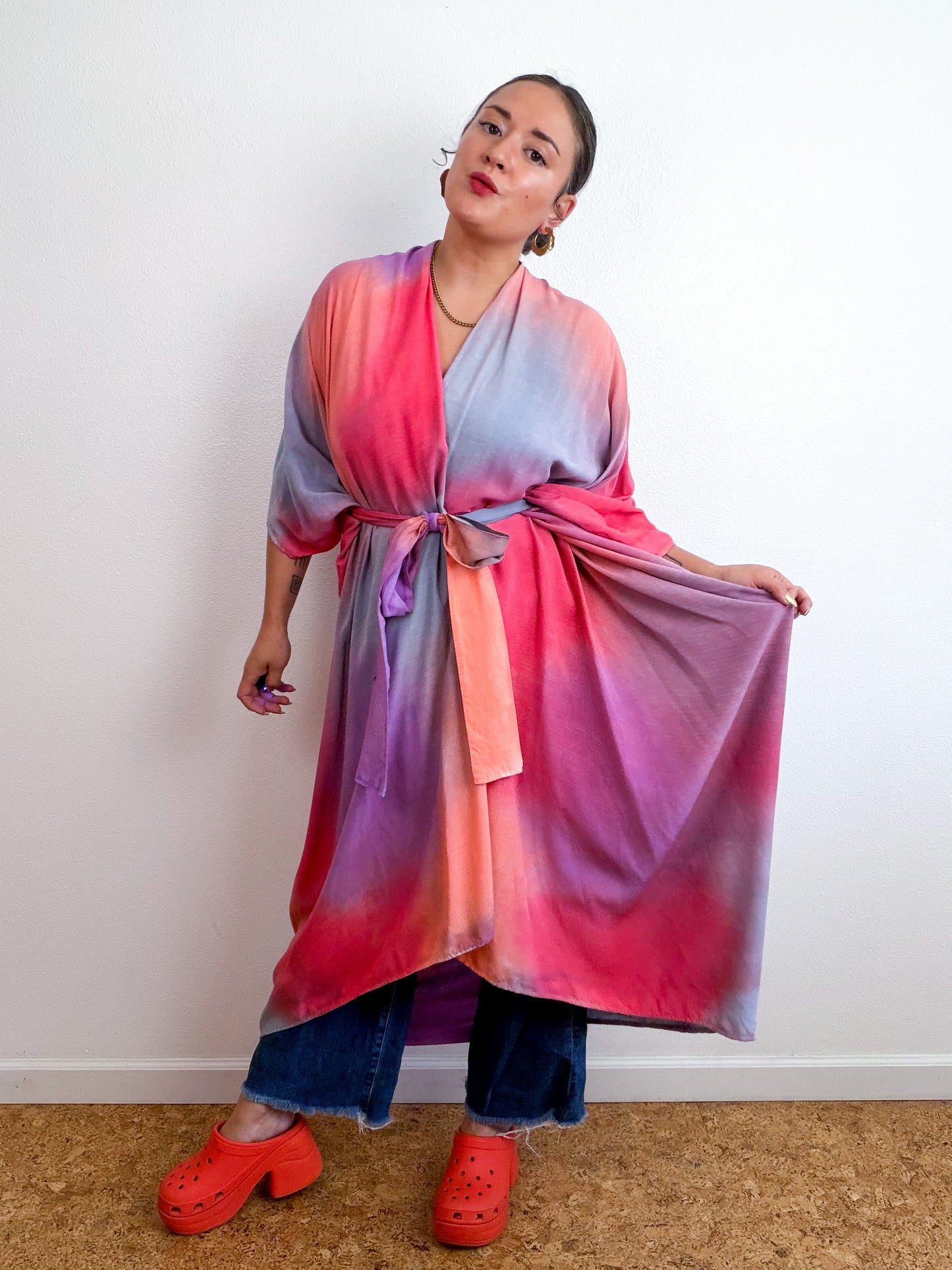 Hand-Dyed High Low Kimono Coral Orchid Scarlet Blue Aura