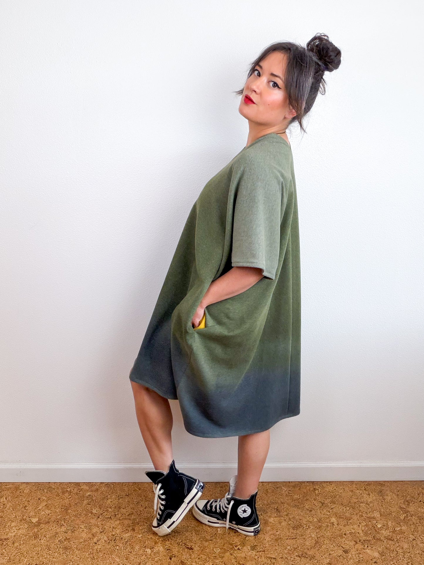 Hand-Dyed Sweatshirt Caftan Dress Olive Moss Charcoal Gradient