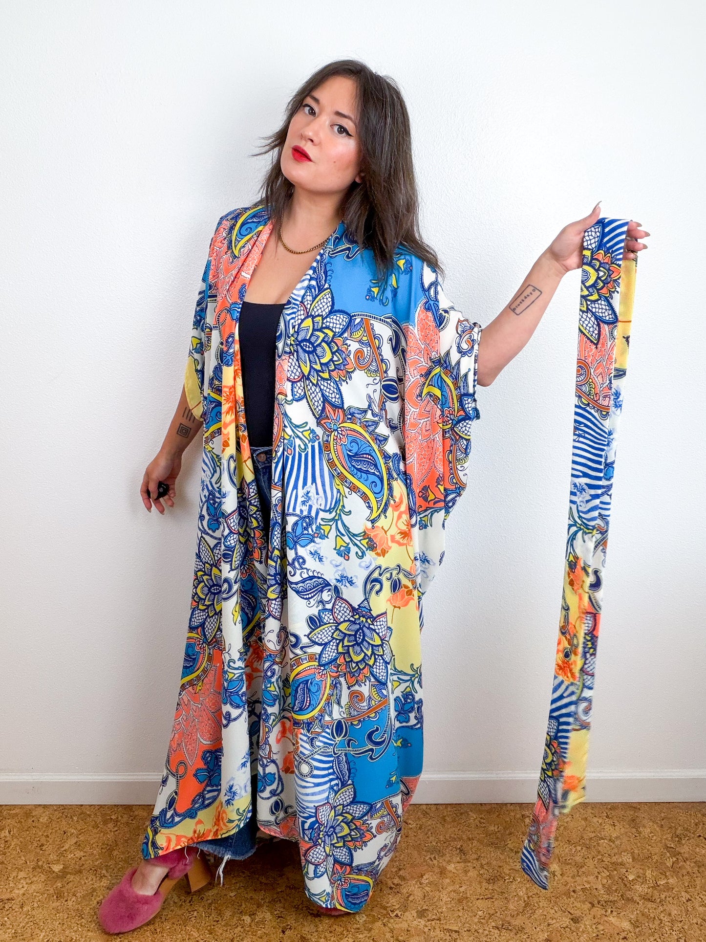 Print High Low Kimono Orange Turquoise Paisley Bubble Crepe