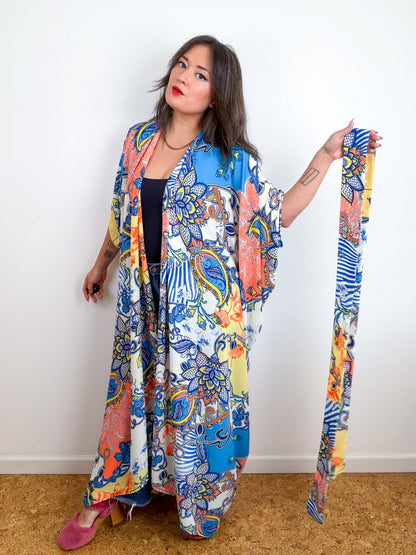 Print High Low Kimono Orange Turquoise Paisley Bubble Crepe