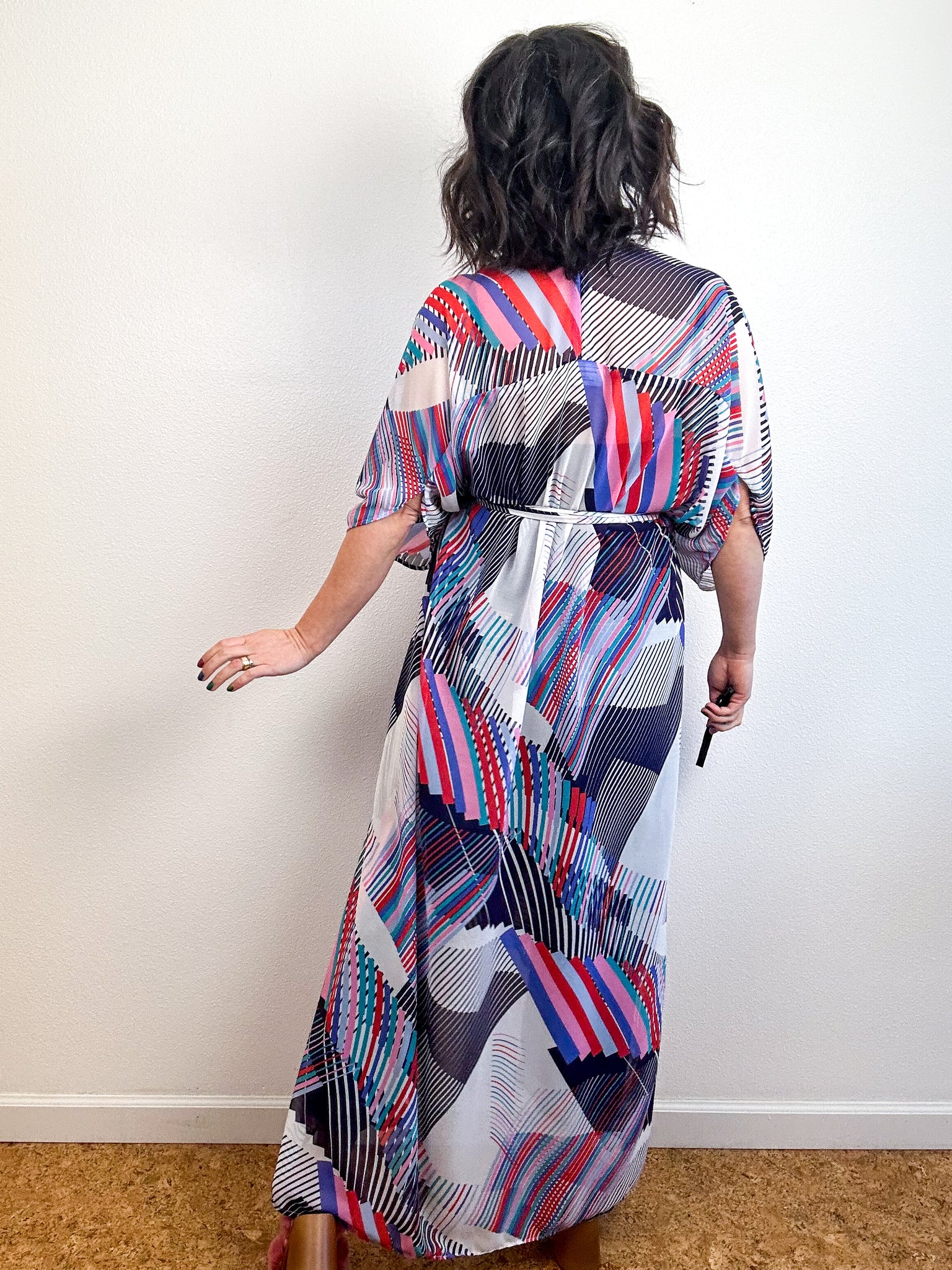 Print High Low Kimono Purple Geo Lines Chiffon