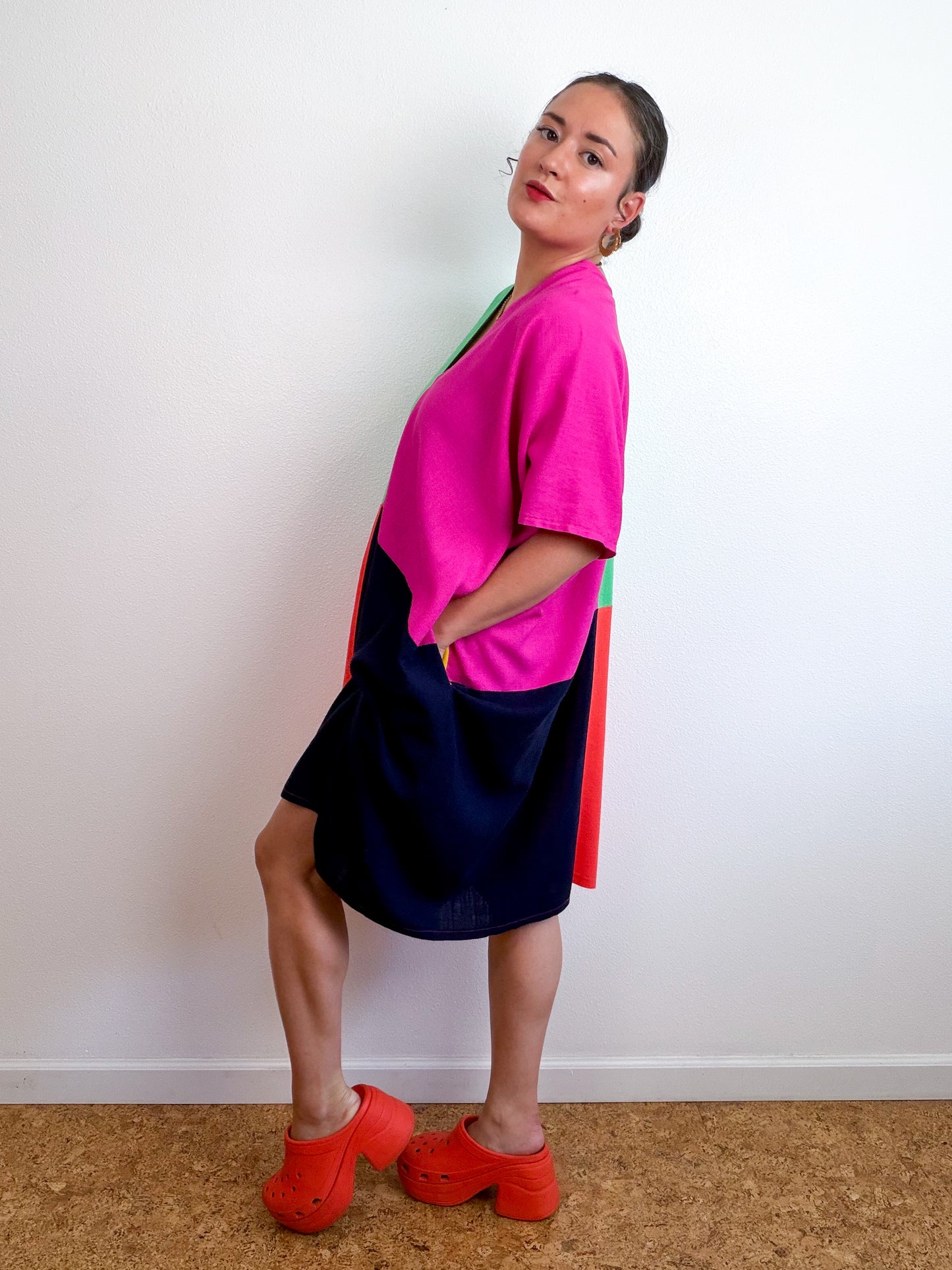 Linen Blend Caftan Dress Fuchsia Navy Green Orange Color Block