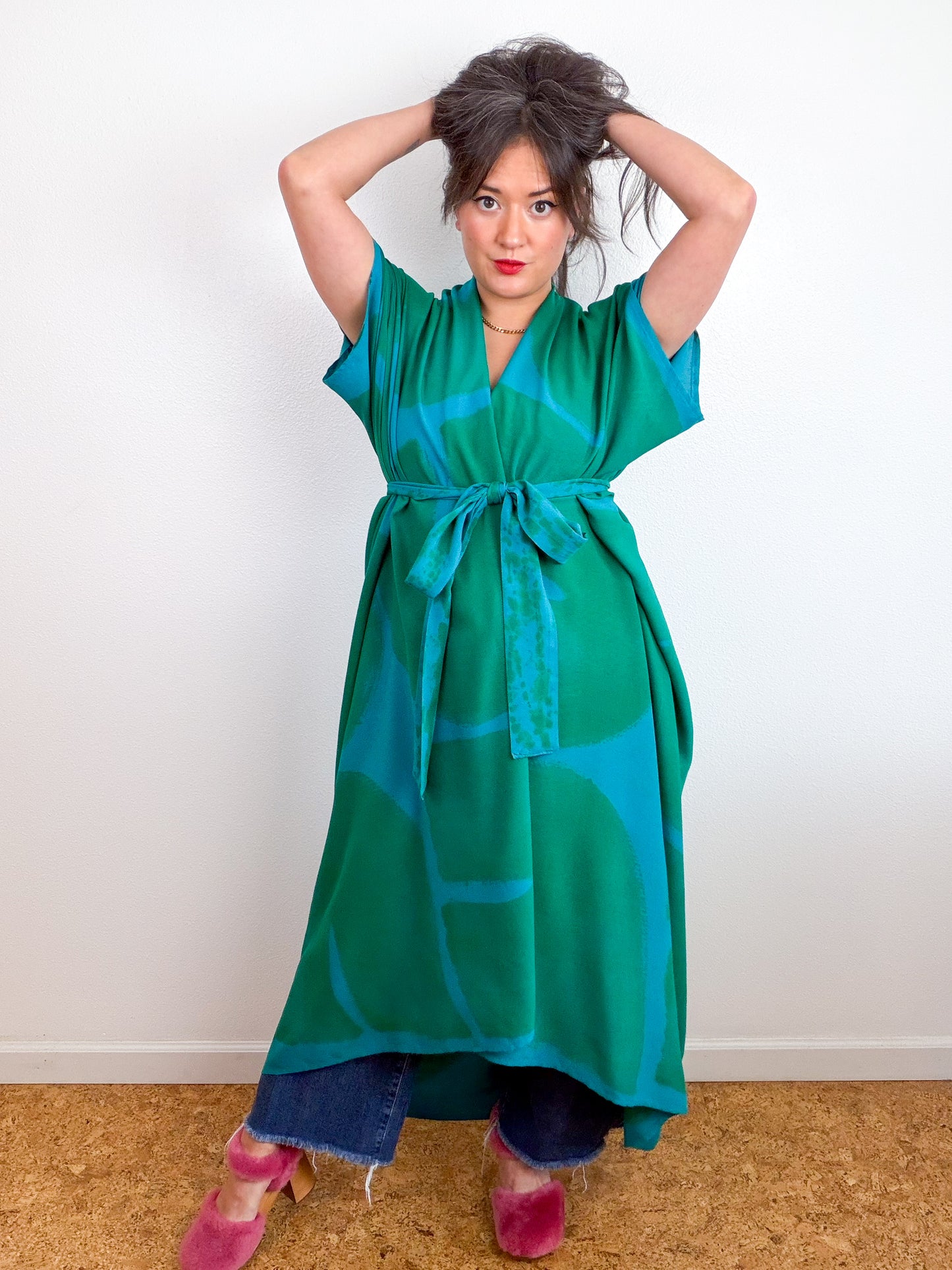Hand-Dyed High Low Kimono Turquoise Green Arc