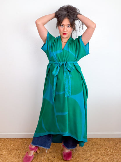 Hand-Dyed High Low Kimono Turquoise Green Arc