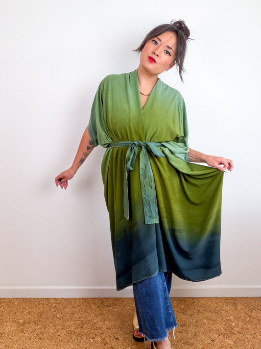 Hand-Dyed High Low Kimono Sage Moss Charcoal Gradient