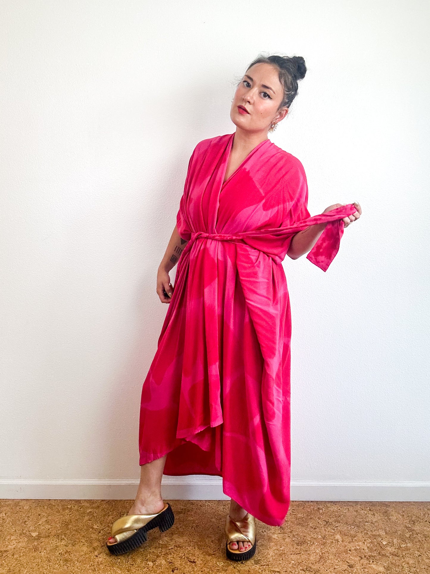 Hand-Dyed High Low Kimono Fuchsia Scarlet Brush