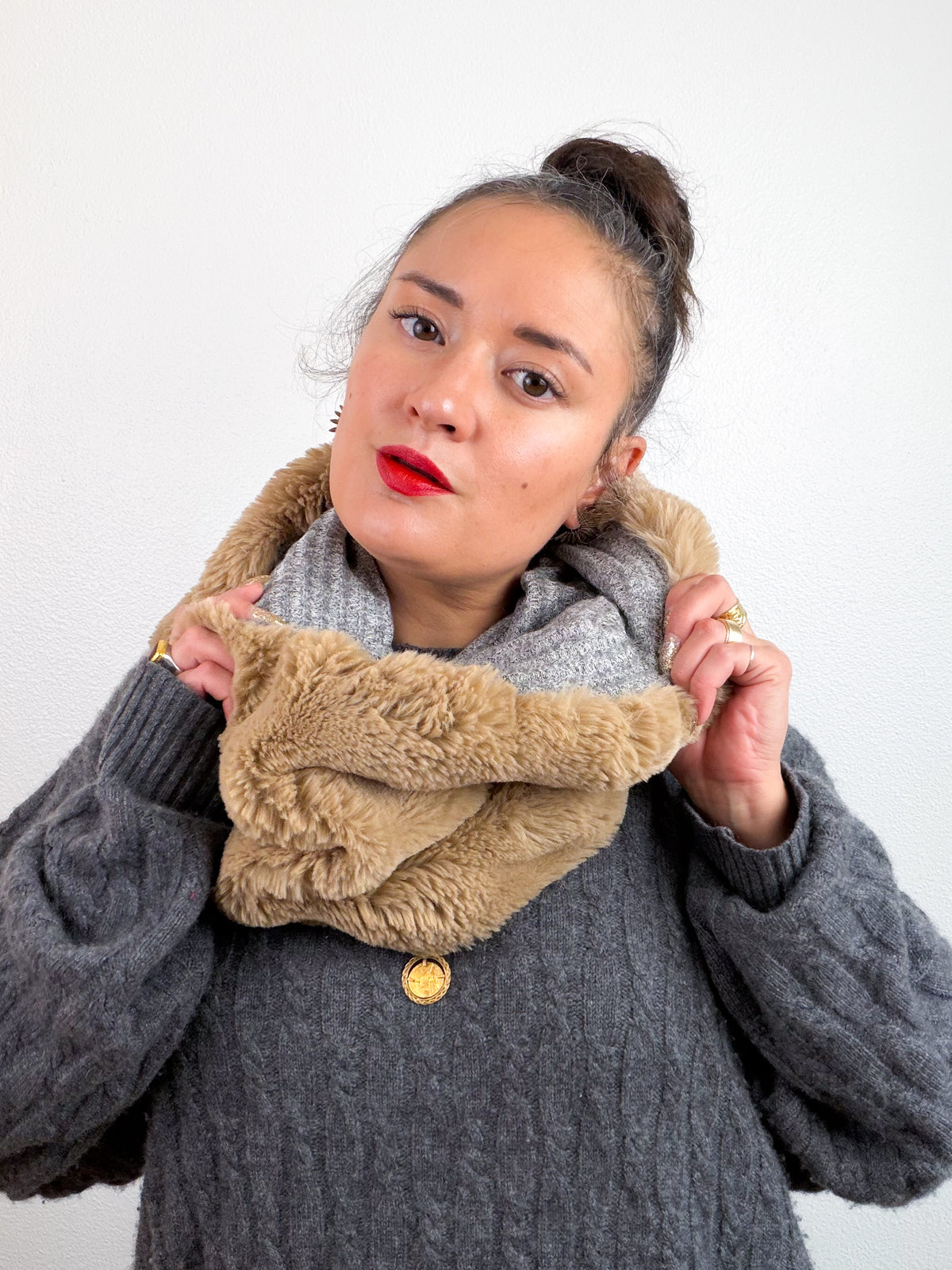 Faux Fur Cowl Scarf Tan Grey