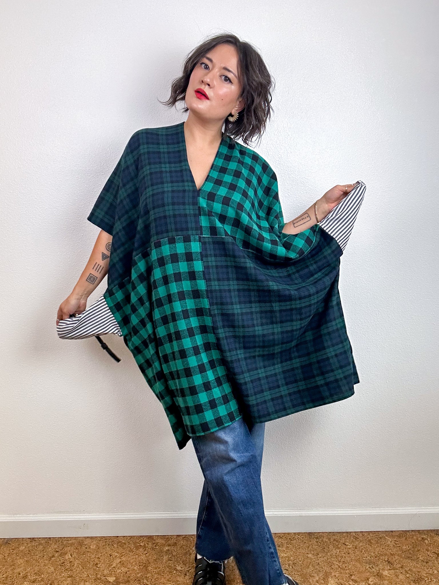 Oversized Patchwork Plaid Smock Dress Green Navy