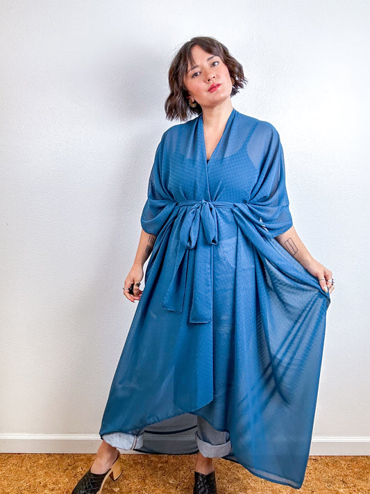 Solid High Low Kimono Teal Blue Swiss Dot Chiffon