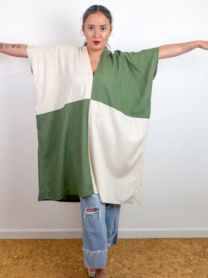 Linen Blend Caftan Dress Olive Ivory Color Block