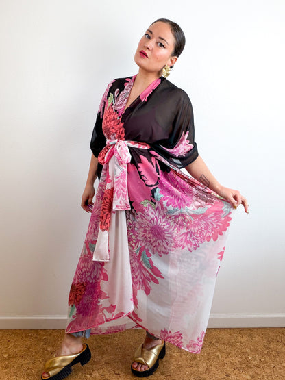 Print High Low Kimono Black Pink Dhalia Chiffon