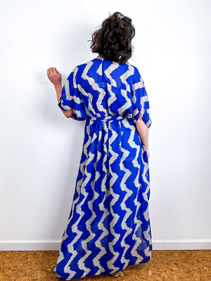 Print High Low Kimono Blue Taupe Chevron Chiffon