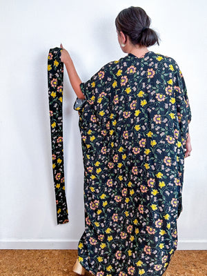 Print High Low Kimono Black Floral Vine Challis