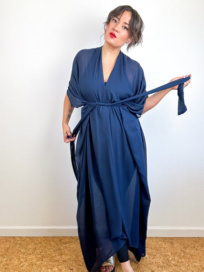 Print High Low Kimono Navy Mini Grid Chiffon