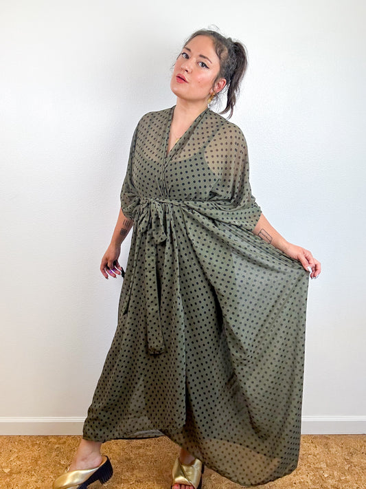 Print High Low Kimono Olive Polka Dots Chiffon