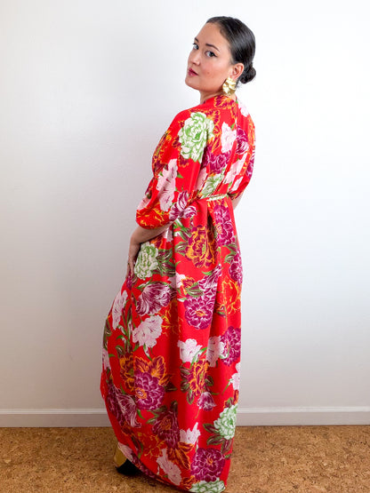 Print High Low Kimono Red Peony Bubble Crepe