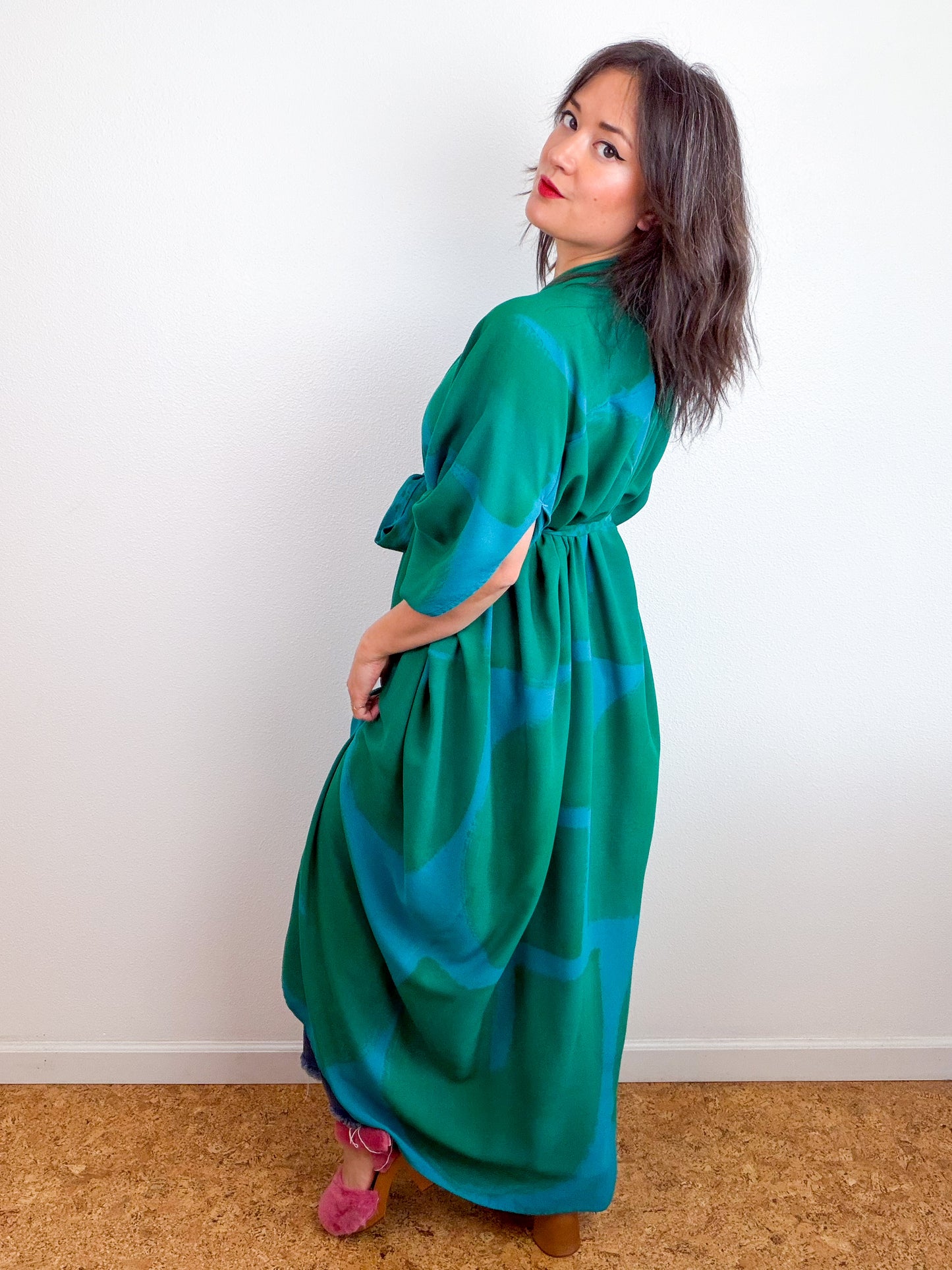 Hand-Dyed High Low Kimono Turquoise Green Arc