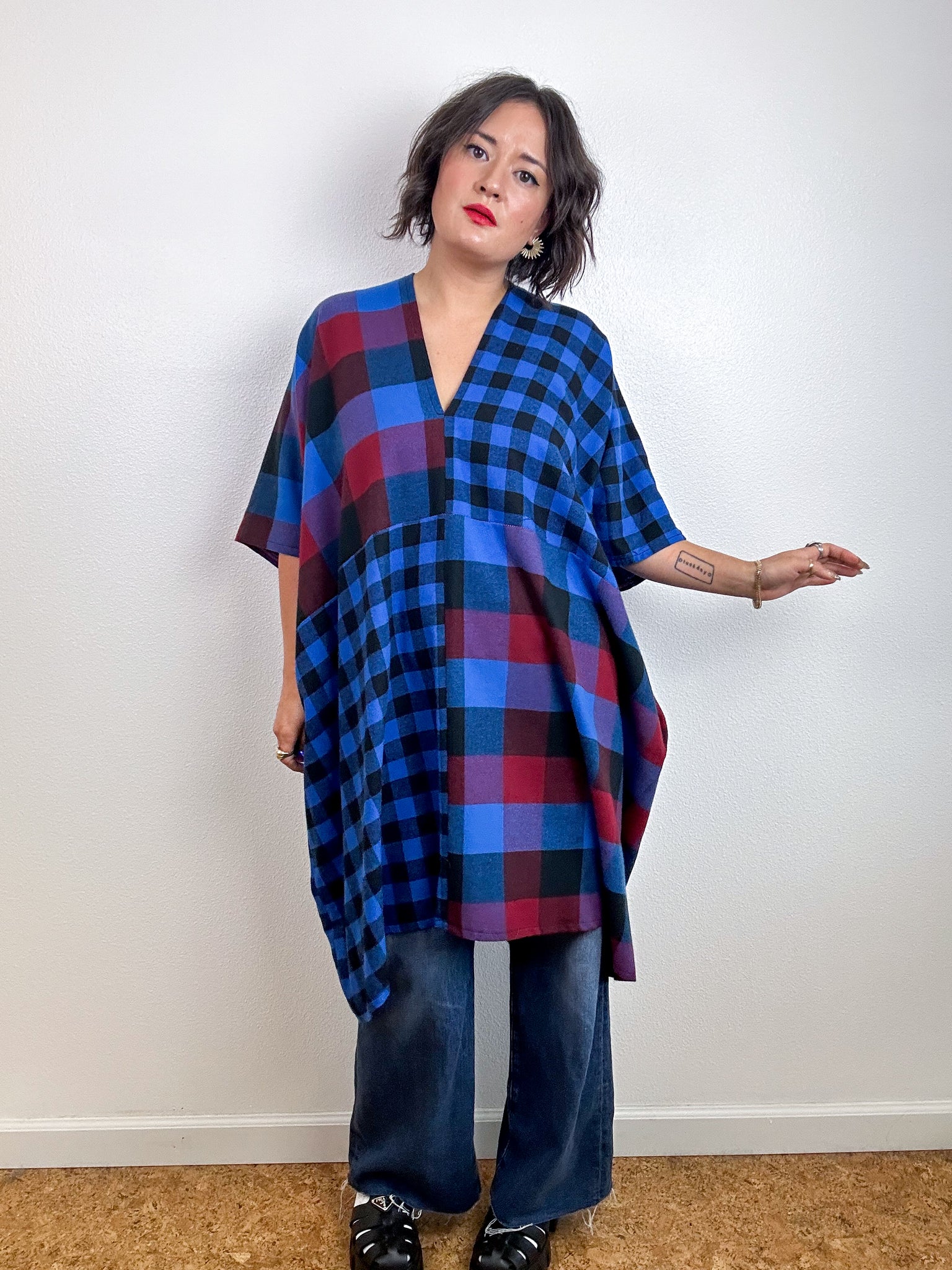 Oversized Patchwork Plaid Smock Dress Blue Jewel