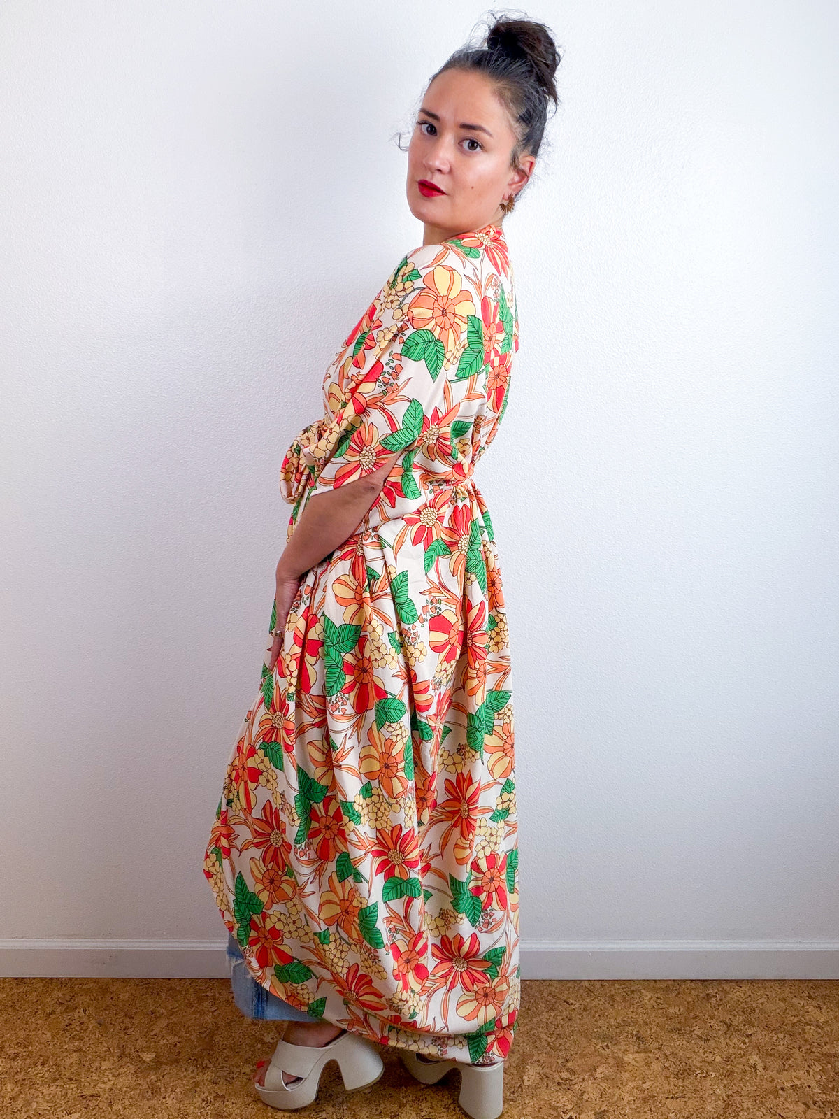 Print High Low Kimono Peach Floral Challis