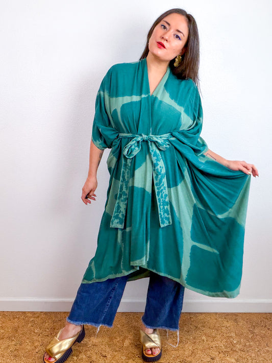 Hand-Dyed High Low Kimono Sage Teal Arc