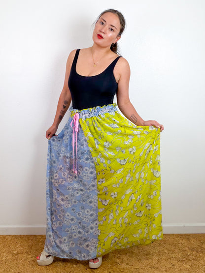 THE SKIRT Light Blue Lemon Yellow Floral Reversible Chiffon