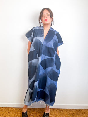 Hand-Dyed Denim Midi Smock Dress Two Tone Brushstrokes