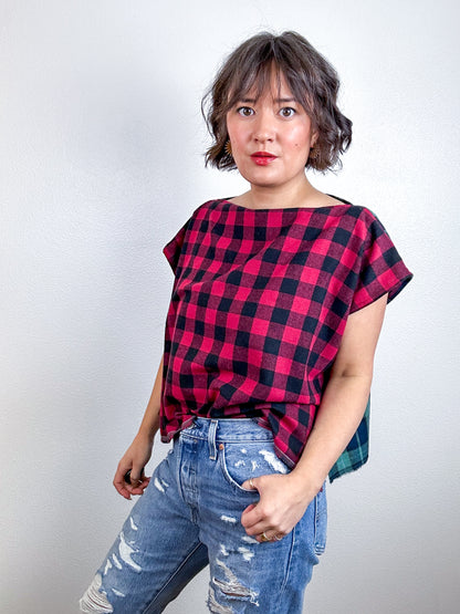 Flip Crop Plaid Flannel Red Check Sage