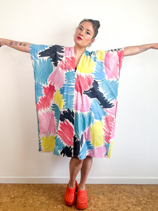 Hand-Dyed Knee Caftan Dress Rainbow