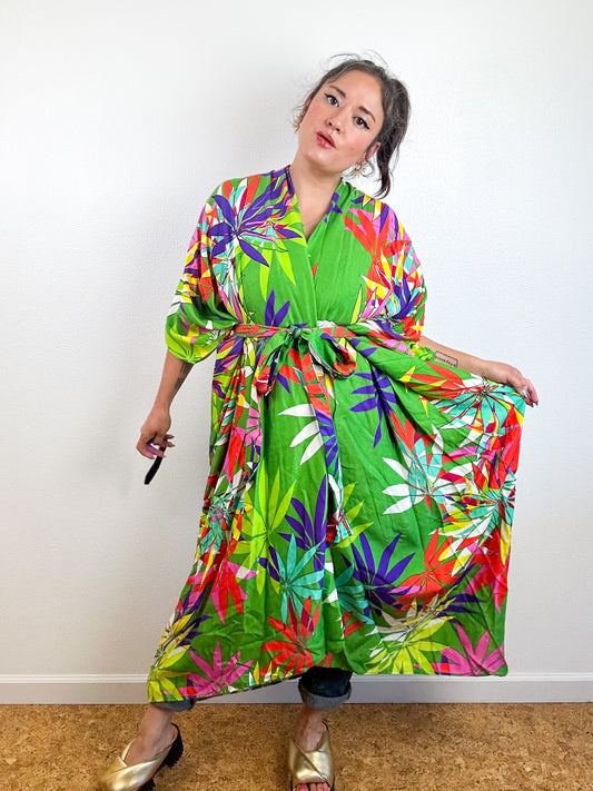 Print High Low Kimono Lime Tropical Challis